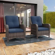 Ergonomic Arm 2-Piece Patio Wicker Outdoor Lounge Chair with Thick Blue Cushions