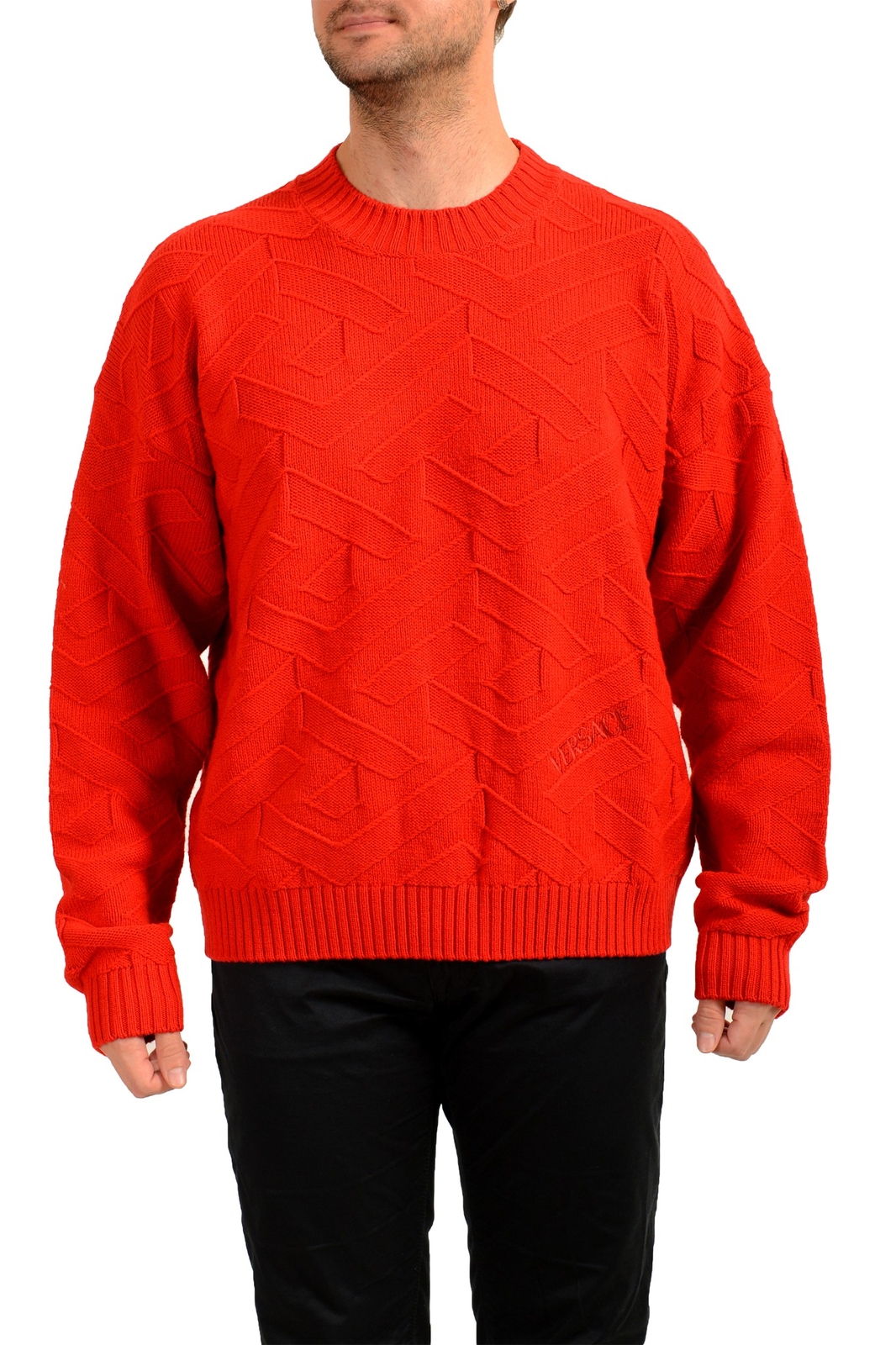 Мужской красный пуловер с круглым вырезом из 100 шерсти плотной вязки Versace US 2XL IT 56 70690₽