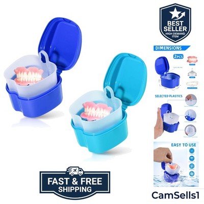 2 Pack Colors Denture Bath Case Cup Box Holder Storage Soak Container with St...