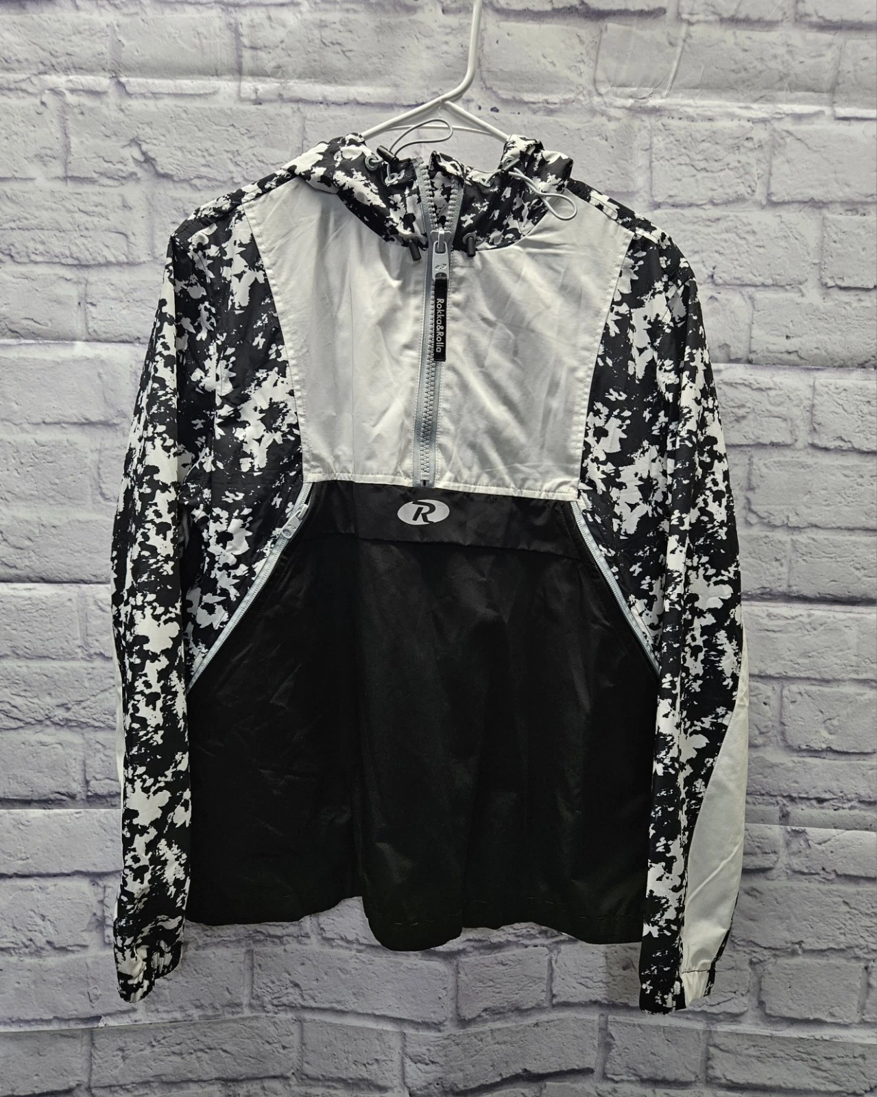 Rokka & Rolla Windbreaker Jacket Men Large Black White Vintage Style Hooded Coat
