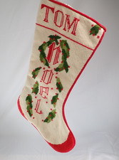 Vintage Christmas Stocking Needlepoint TOM Personalized Noel Holly Red Velvet