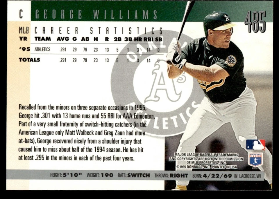 1996 Donruss #485 George Williams Oakland Athletics - Image 2 of 2