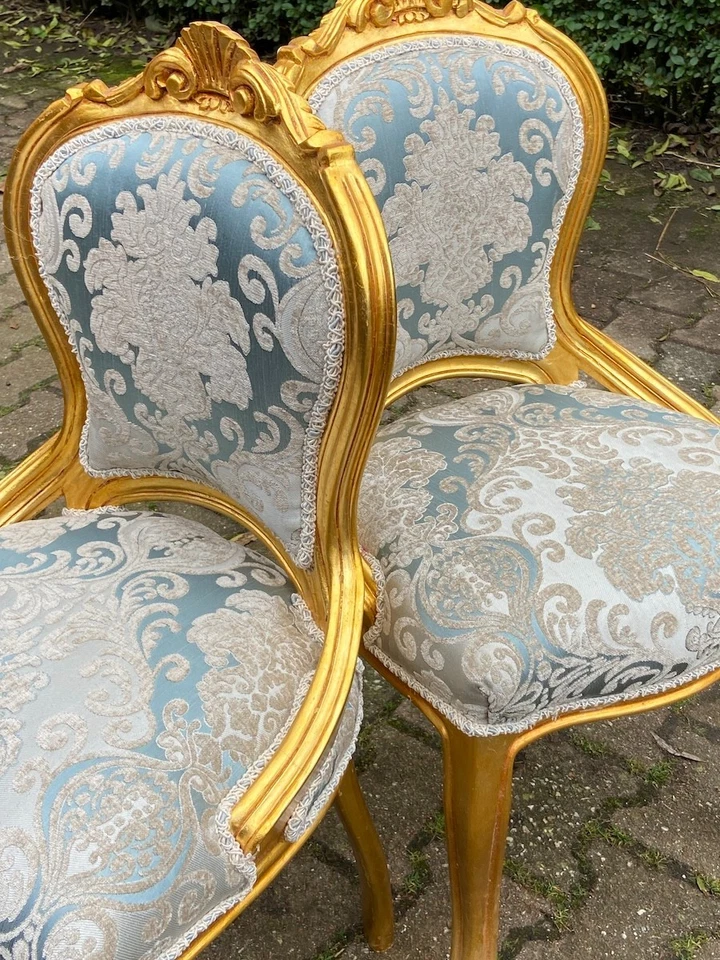 Sillas - Par francés Luis XVI años 50 madera de haya damasco elegantes asientos vintage Foto 4 de 4