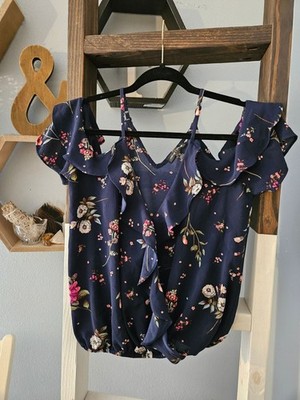 Moa Moa Women's Navy Floral Cold-Shoulder Ruffle Blouse Size Medium NWOT