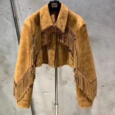 Women's Western Suede Leather Fringe Jacket Cropped Cowboy Boho Coat Tan