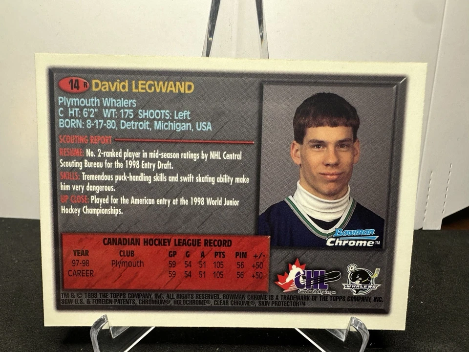 1998 Bowman Chrome CHL #14 David Legwand Refractor SSP - Image 2 of 2