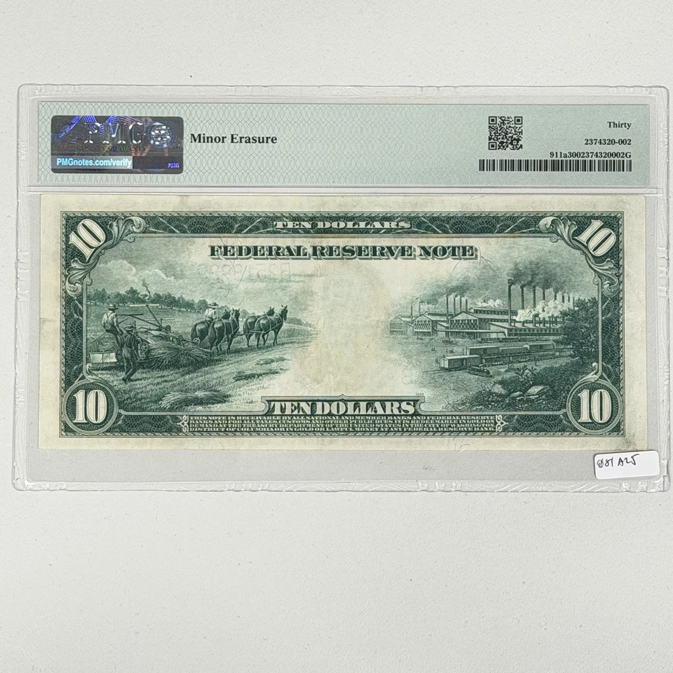 1914 $10 US Federal Reserve Note PMG 30 VF Banknote White Mellon Fr. 911a - Image 2 of 2
