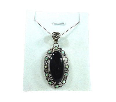 Natural Black Onyx & Created Fire Opal 925 Sterling Silver Necklace