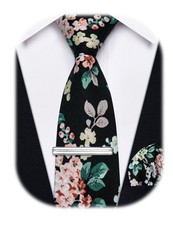 Black Cotton Floral Tie for Men 2.5" Printed Skinny Necktie Pocket Square Tie...