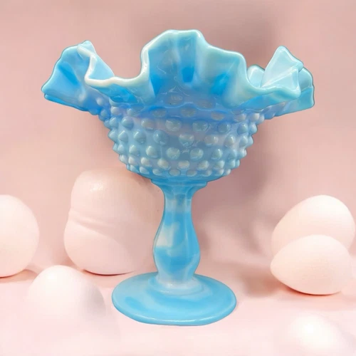 Vintage Fenton Blue & White Swirled Ruffled Hobnail Slag Glass Compote Bowl MCM