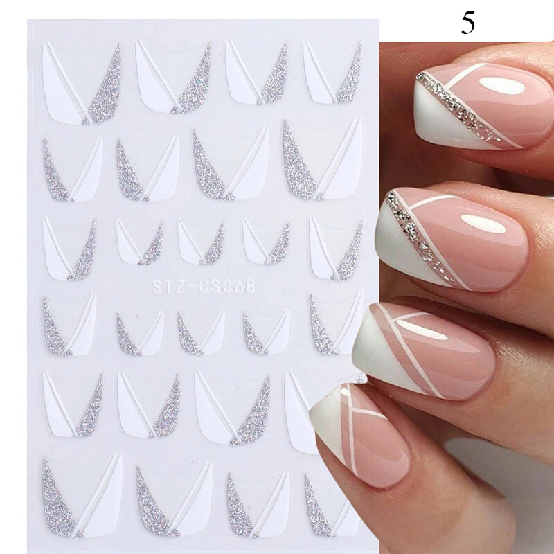 Nail Art Stickers Glitter Silver White French Design Self adhesive