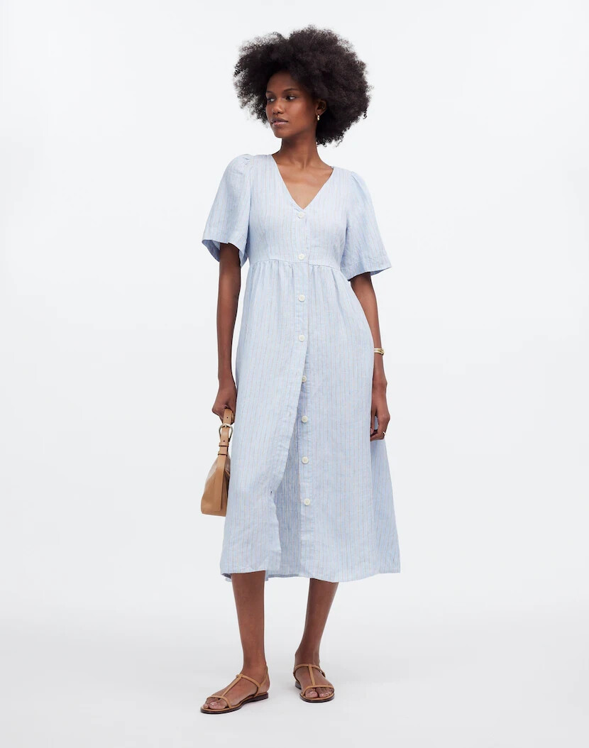 Madewell Cassie Stripe Button Front Linen Midi Dress in Powder Blue at Nordstrom, Size Small
