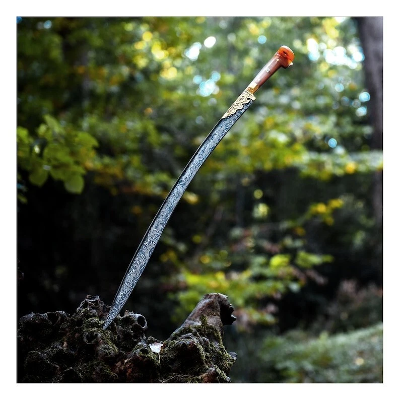 Espada Yataghan 30" - Produção feita à mão de aço de Damasco e chifre de carneiro - Imagem 2 de 4