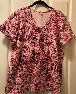 Basic Editions XXL TShirt Pink Black Cotton Botanical Ferns S/S V Neck Cotton