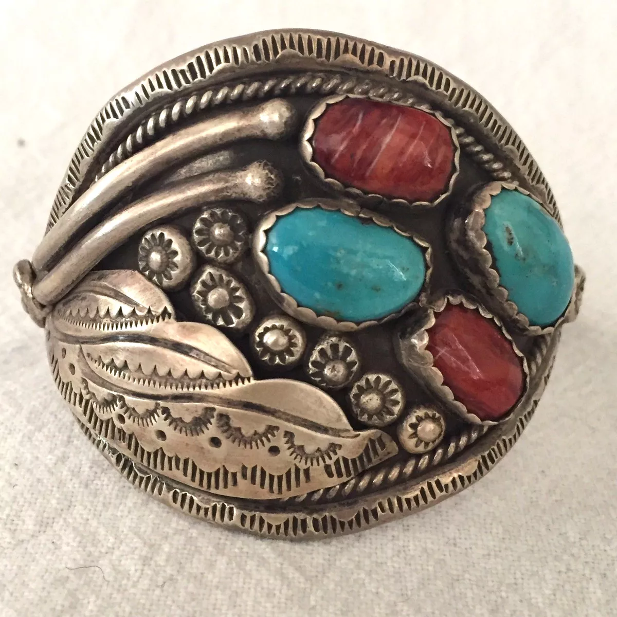 Vintage Sterling Silver TURQUOISE and Dark Orange Spiny Oyster