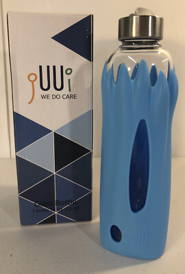 jUUi Eco Glass Water Bottle Silicone Sleeve 19oz Blue Spill Proof Workout NEW