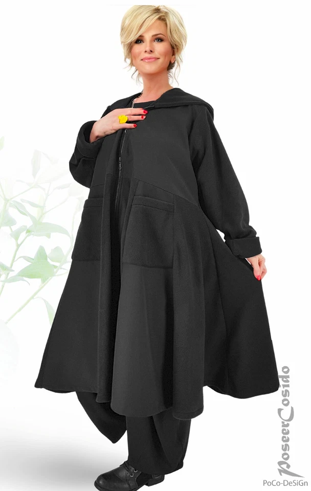 LAGENLOOK Softshell Fleece Glocken Mantel schwarz 46 48 50 52 54 56 58 XXL XXXL - Bild 2 von 4