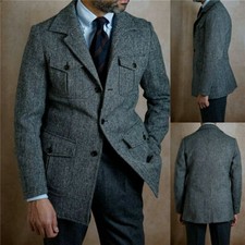 Wool Blend Men's Suit Gray Jacket Pants Tweed Vintage Hunting Business Blazer