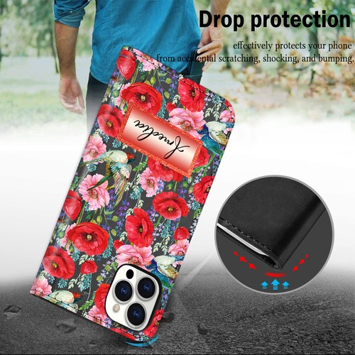 Flip Leather Case For iPhone 16 Pro Max 13 14 15 Flower Personalised Phone Cover - Picture 100 of 108