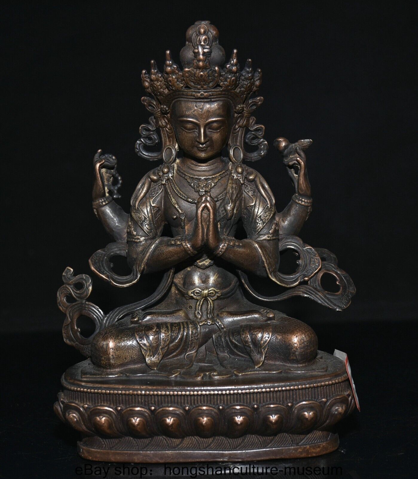 8 " Old Chinese Bronze Gilt 4 arms Chenrezig Avalokiteshvara Buddha Statue