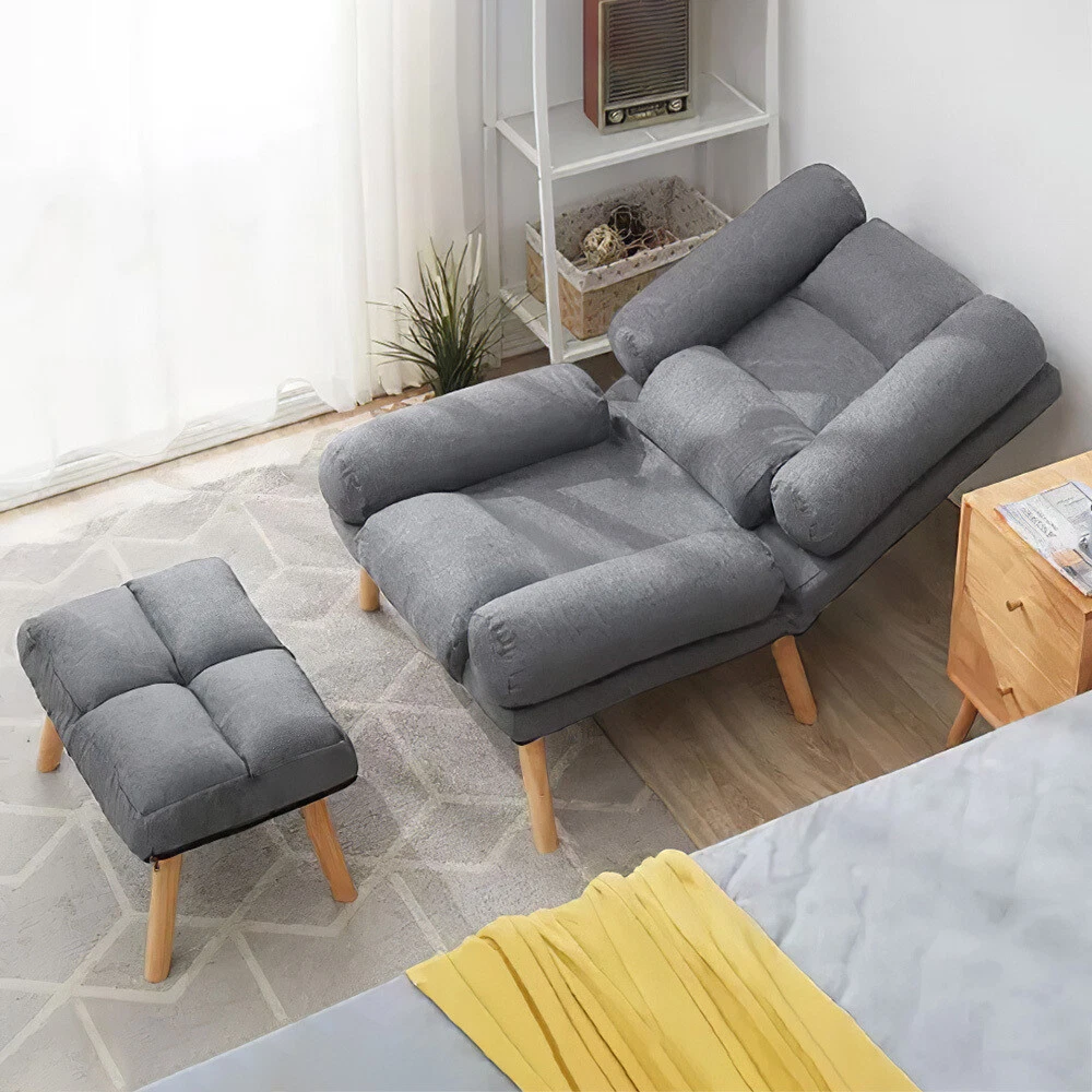 Grey Terry Cloth Recliner Sofa Tub Armchair Sleeper Napping Chair With Footstool
