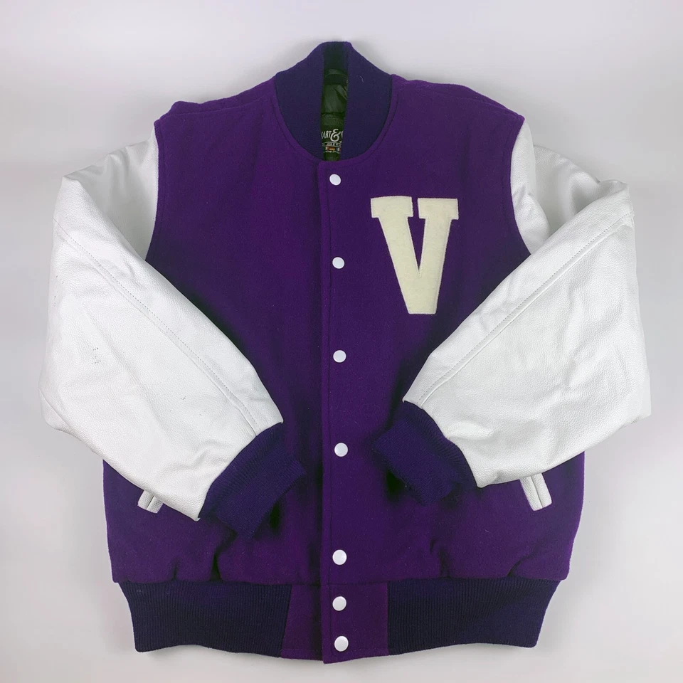 Chaqueta Stewart & Strauss Para Hombres Talla L Letterman Púrpura Lana Blanco Cuero Letra V Foto 2 de 4