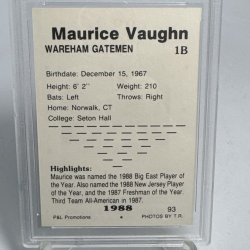 1988 P&L Cape Cod League Maurice Vaughn #93 PSA como nuevo 9 NCAA béisbol de verano - Imagen 5 de 5