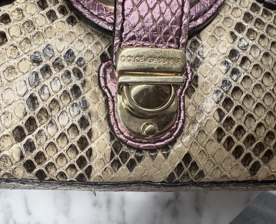Dolce & Gabbana Python / Snake Leather Cream Handbag, Metallic Pink Accents - image 3 of 4