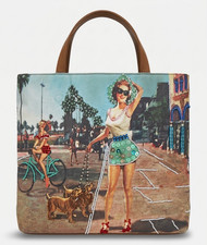 Women s Multicolor Graphic Print Art Tote Bag w/ Brown Top Handles, Lined