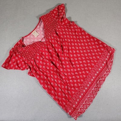 Faded Glory Red Paisley Print Blouse w/ Smocked Bodice Size XL (16-18)