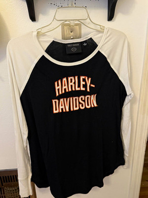 Harley-Davidson Black & White Raglan Long Sleeve T-Shirt, Women s Size XL