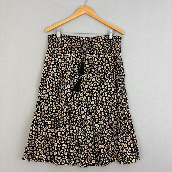 Suzanne Grae Skirt Womens Medium Black A-Line Animal Print Tiered Shirred Boho