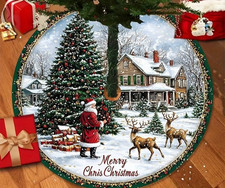 LARGE 48-inch-NOSTALGIC SANTA REINDEER-CHRISTMAS TREE SKIRT-Country Scene