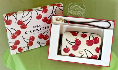 COACH CHERRY PRINT LEATHER COSMETIC CASE POUCH WRISTLET:NWT CHALK