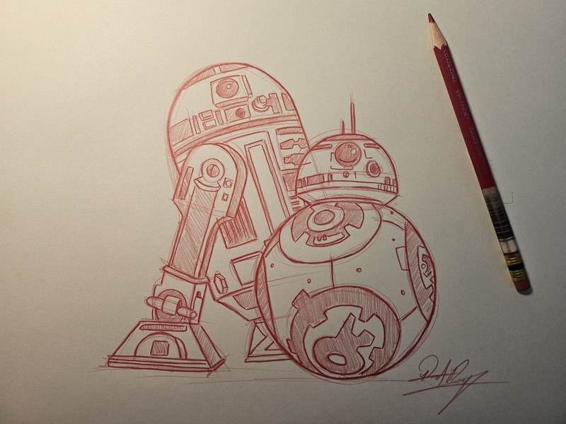 Disney LucasArts Star Wars BB-8 R2-D2 character Drawing/Sketch signed art 