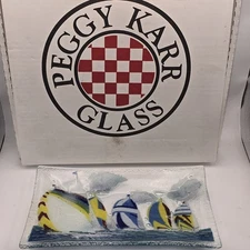 Vintage Peggy Karr Fused Glass Rectangular Sailboat Regatta Plate Clouds Bubbles