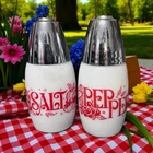RARE SET Vintage GEMCO Milk Glass Red Harvest Fruit Salt and Pepper Shakers