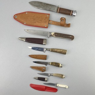 Sammlung Jagdmesser / Jagdknicker m. Holz & Horngriff Lederscheiden FRITU INOX