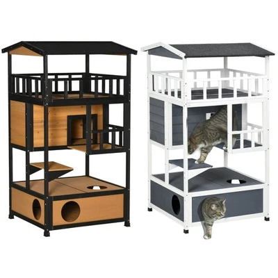 PAWHUT Katzenhaus, Katzenhütte für draußen, 4 Etagen, Katzenvilla, Tannenholz