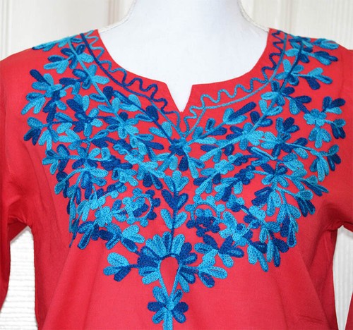 ¡Túnica Top Kurti Kurti Bordada Color Rojo Largo Algodón de la India!¡! - Imagen 4 de 5