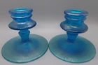 Antique Fenton Celeste Blue #316 Iridescent Stretch Glass Pair of Candle Holders