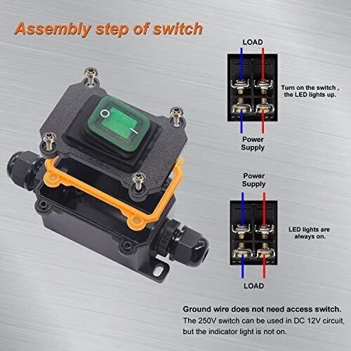 Interruptor de cable en línea impermeable Weideer IP67 ENCENDIDO/APAGADO 20A 250V/16A 125V verde LED... Foto 4 de 4