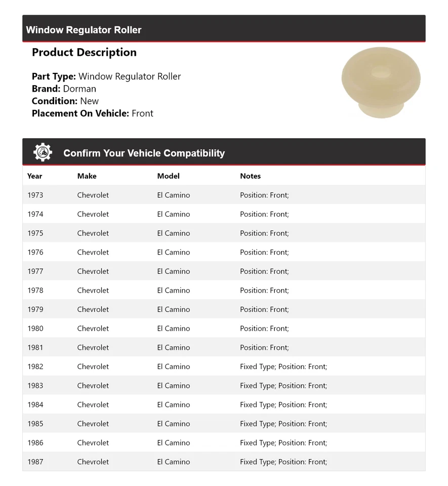 Para Chevrolet El Camino Dorman 1973-1987 Ventana Regulador Rodillo Delantero 1974 1975 Foto 2 de 4