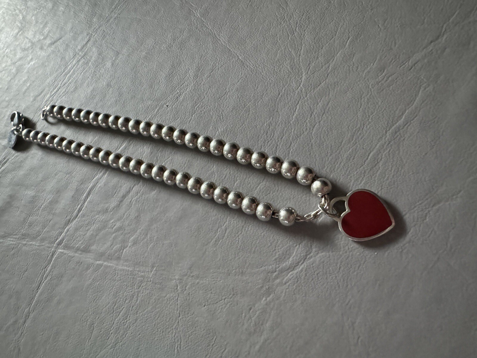 Return to Tiffany Co Red Enamel Mini Heart Tag 4mm Bead Bracelet