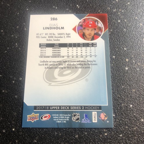Elias Lindholm 2017-18 Upper Deck Series 2 Hockey #286 NHL Carolina Hurricanes C - Picture 2 of 2