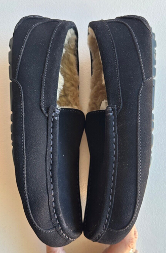 UGG Mens Slippers 9 42 Black Suede Ascot Moccasins Loafers Sheepskin Leather NEW - Picture 4 of 15