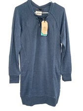 Prana Cozy Up Terry Dress Nautical Blue Long Sleeve Lace Up Relaxed Hemp XS