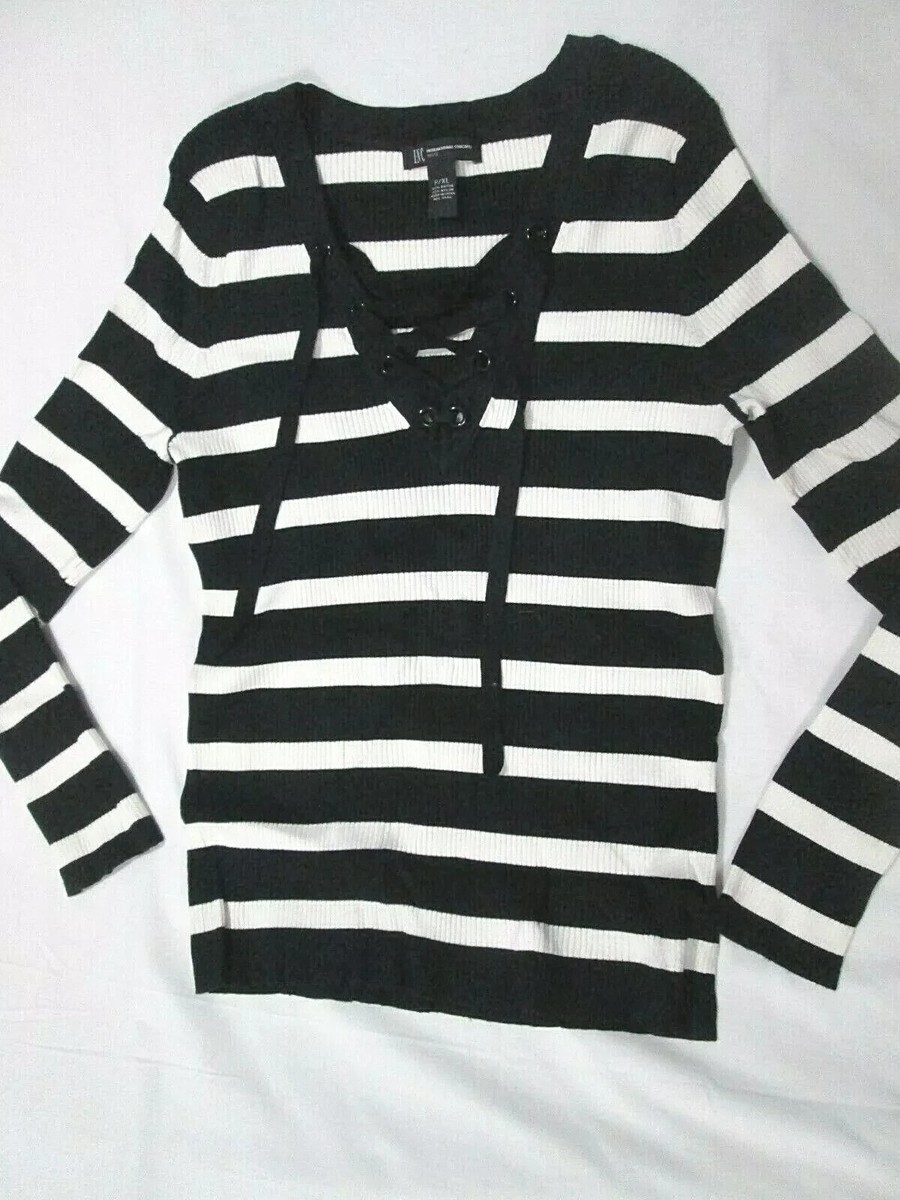 Women's INC Black/White Striped Sweater Size L V-Neck Tie Stretch Pristine  Cond