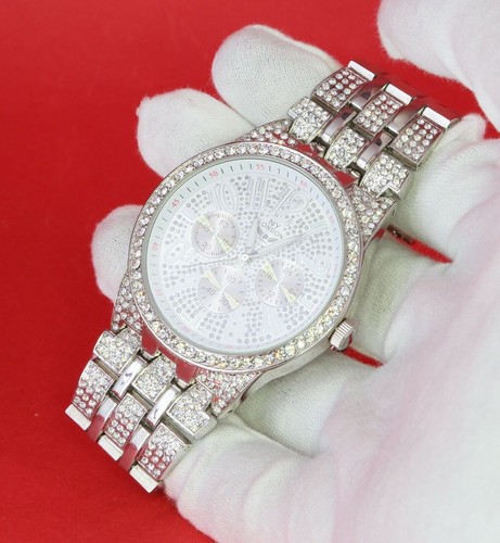 NY LONDON Men Iced Hip Hop Silver Finish Metal Link Band Rapper Watch New - Picture 5 of 7