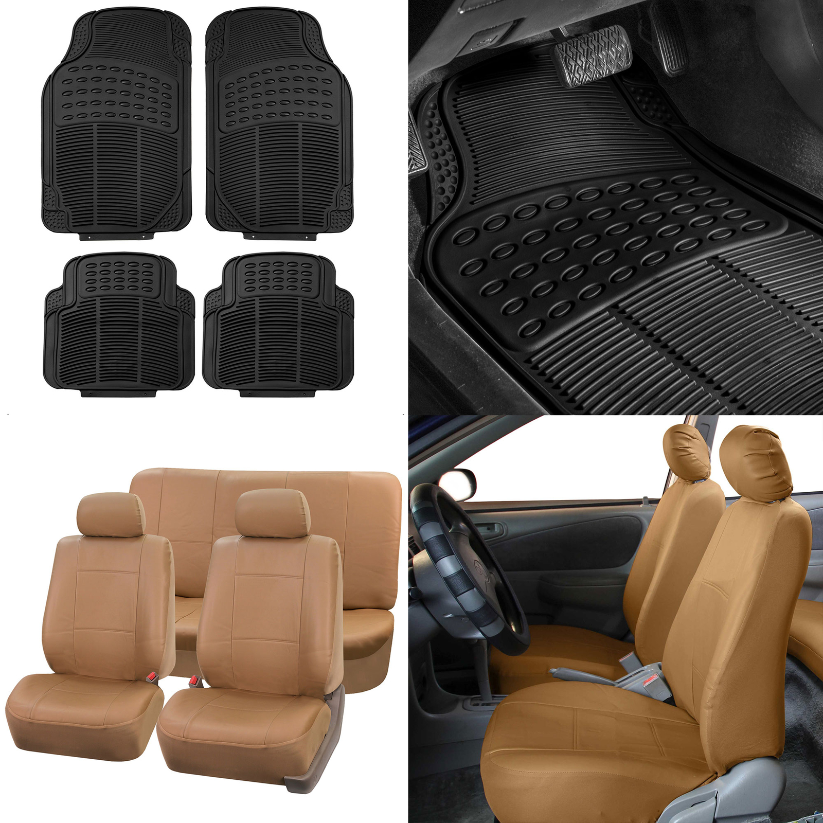 FH Group Universal Fit PU Leather Tan Car Seat Covers w/ Floor Mats